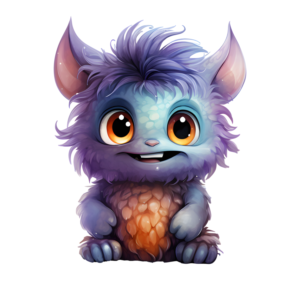 watercolor and cartoon illustration violet furry little cute monster ...