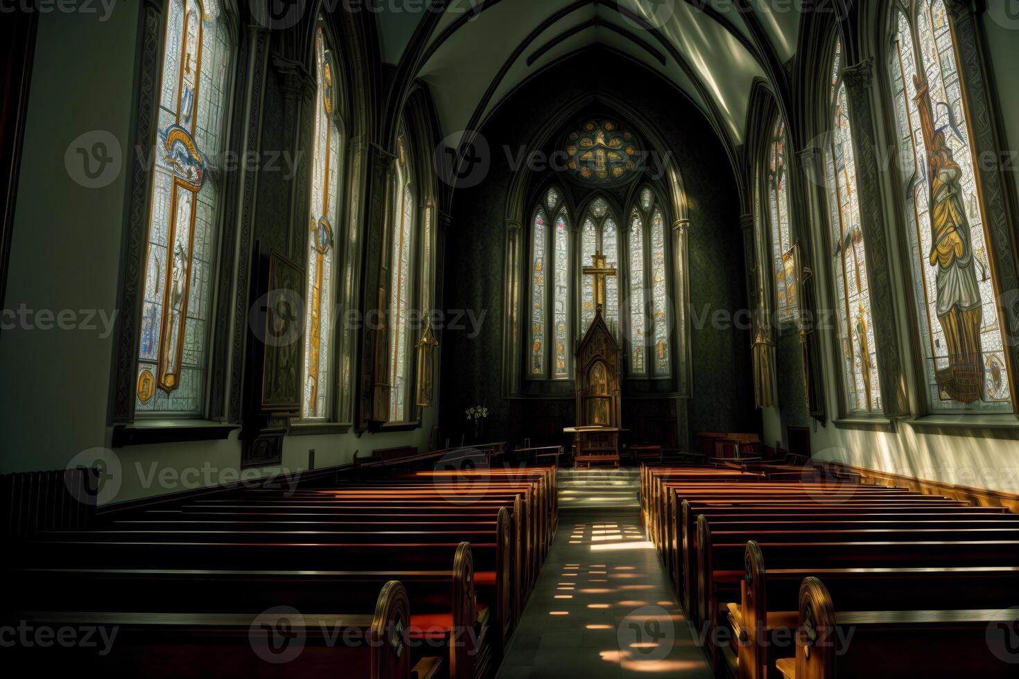 un Iglesia con manchado vaso ventanas y bancos ai generado foto