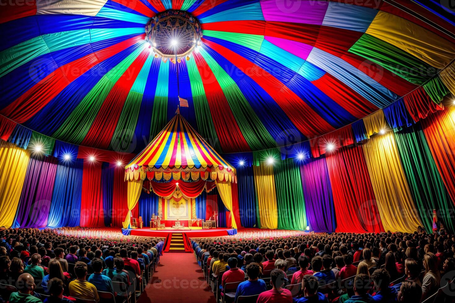 A Brightly Colored Circus Tent With A Stage Full Of People. photo