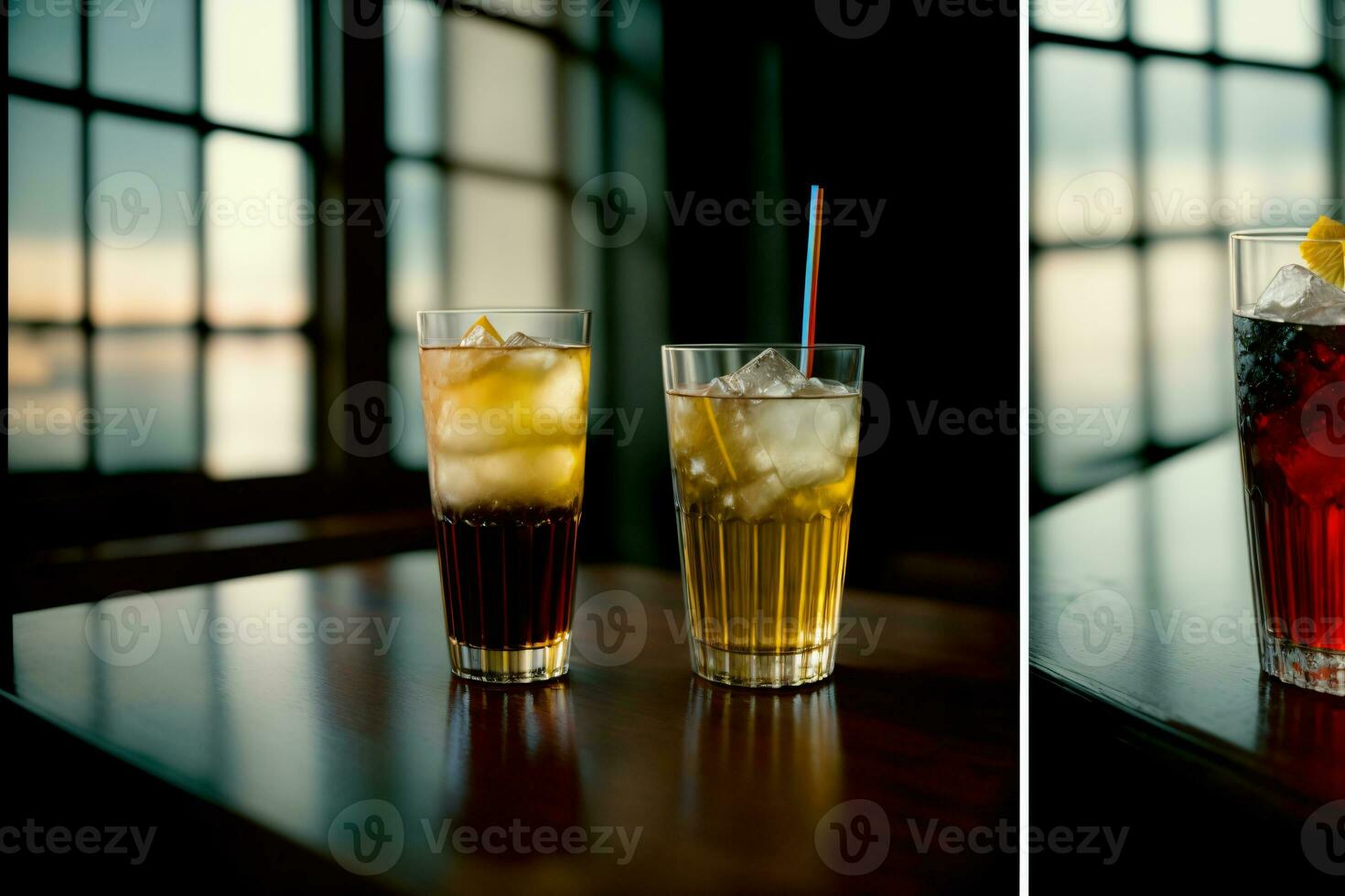 A Couple Of Drinks Sitting On Top Of A Wooden Table. AI Generated photo