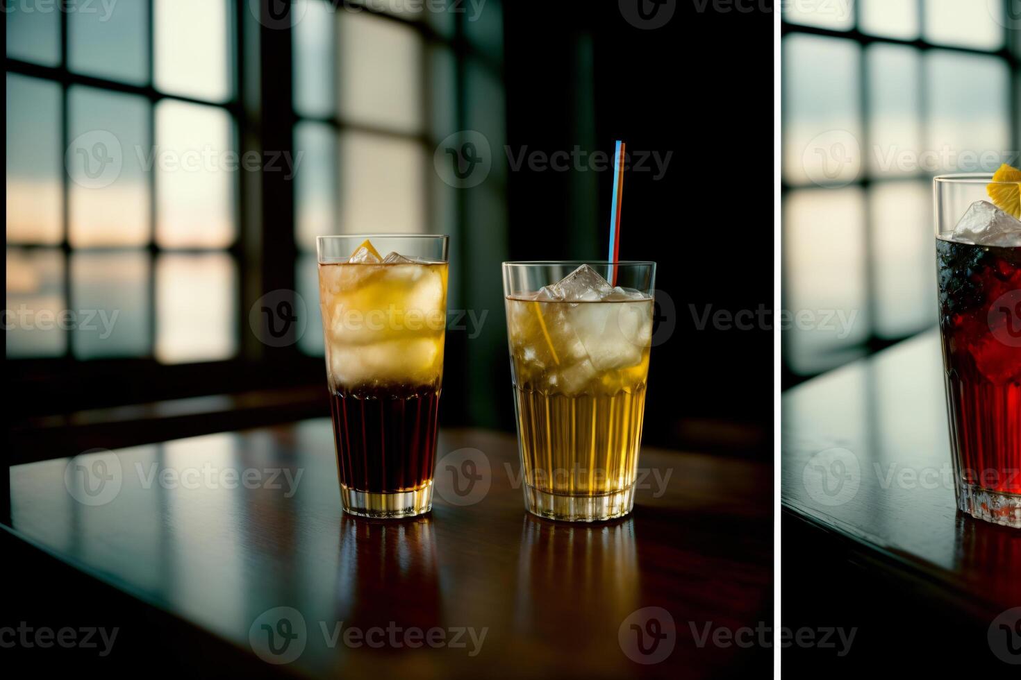 A Couple Of Drinks Sitting On Top Of A Wooden Table. photo