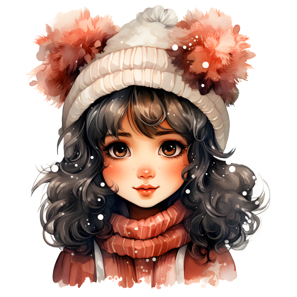 watercolor and cartoon illustration cute little doll girl. Generative AI Illustration. png