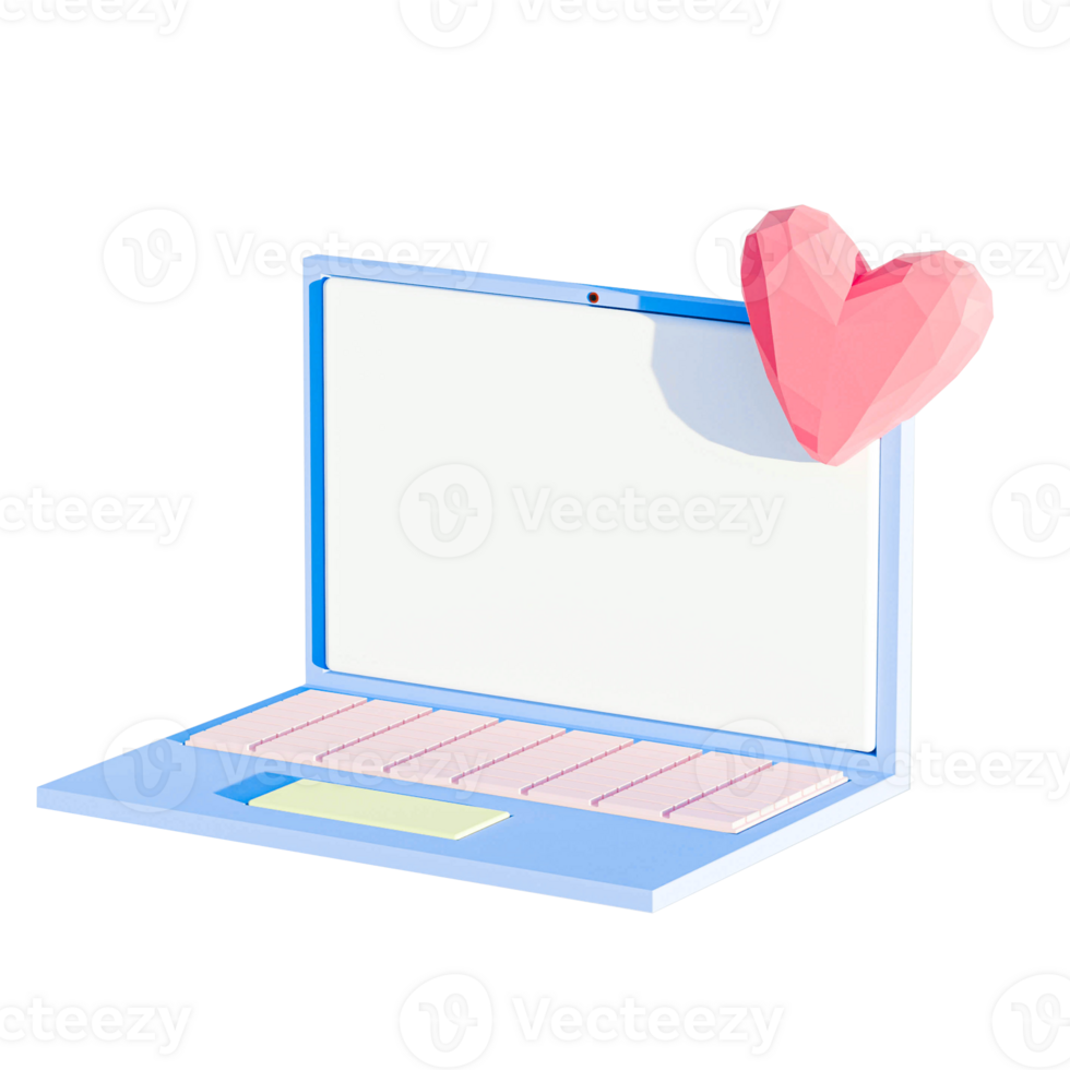 3d illustration of blue laptop decorated with mini heart in low polygon style png