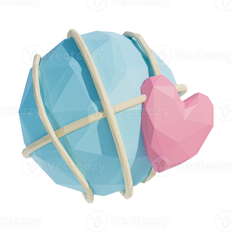 world icon with mini heart in low poly style png