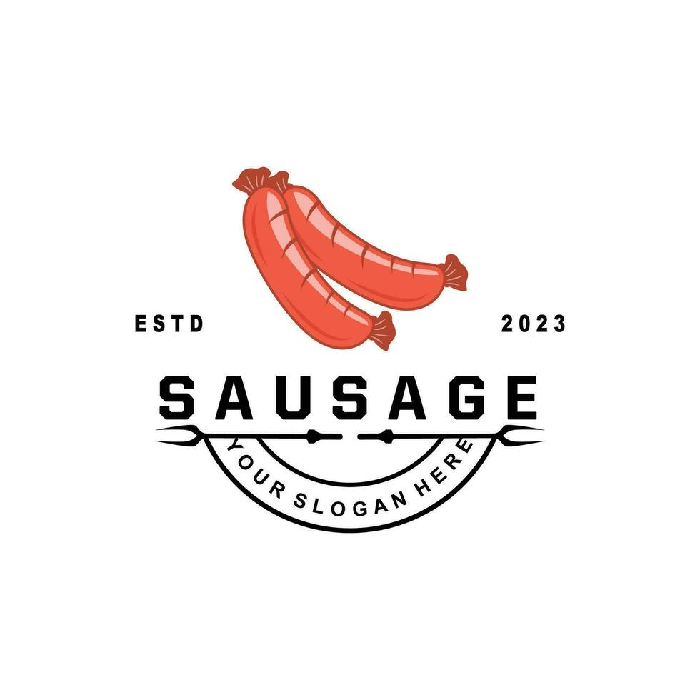 salchicha logo, vector carne tenedor y el salchicha alimento, restaurante inspiración diseño, Clásico retro rústico