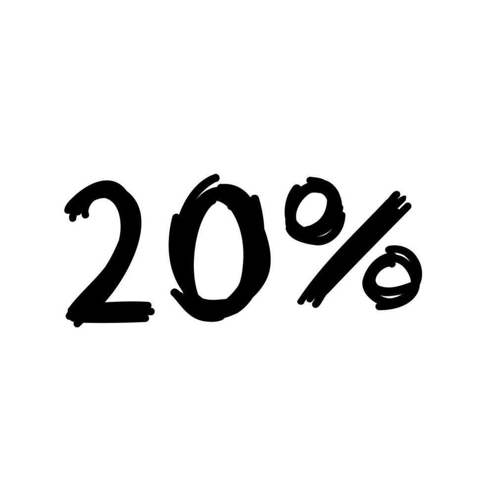 Hand made 20 percent off black ink discount logo special offer lettering. Vector design illustration in cartoon flat doodle style isolated on white background. For coupon, card, web site, poster.