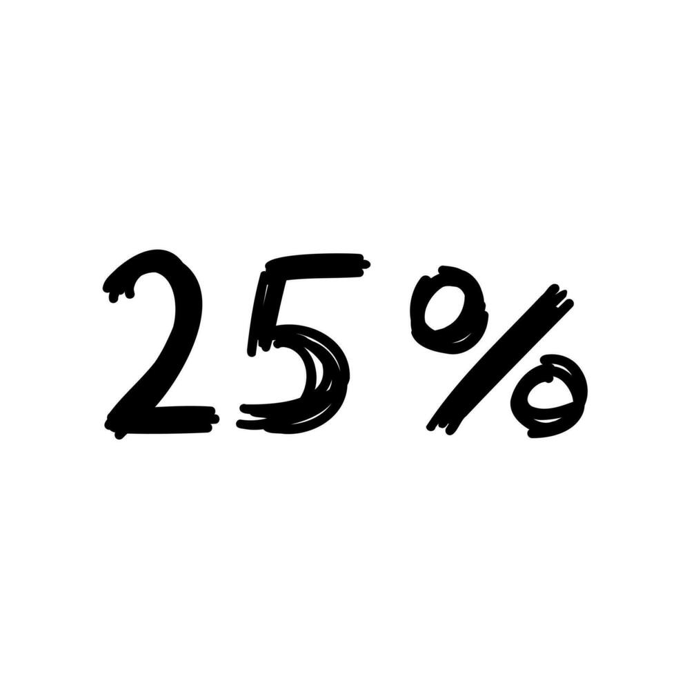 Hand made 25 percent off black ink discount logo special offer lettering. Vector design illustration in cartoon doodle style isolated on white background. For promo, discount, web site, poster.