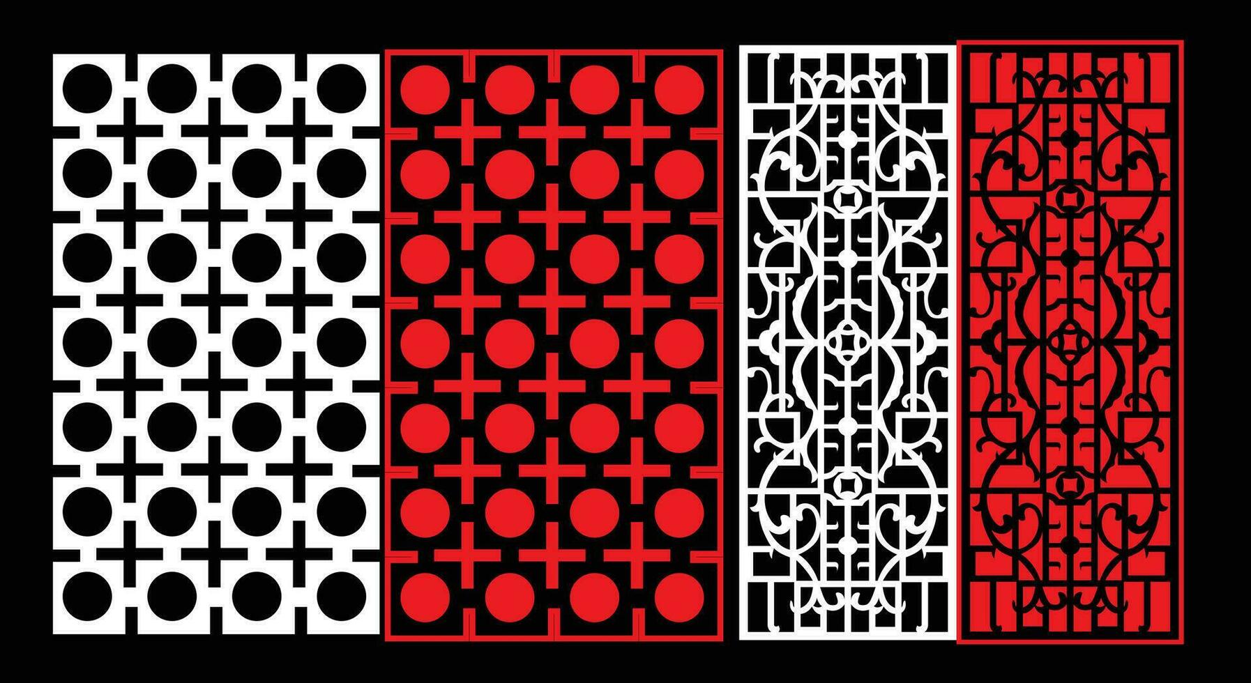 Decorative wall panels set Jali design CNC pattern, laser cutting pattern, router CNCcutting. vector