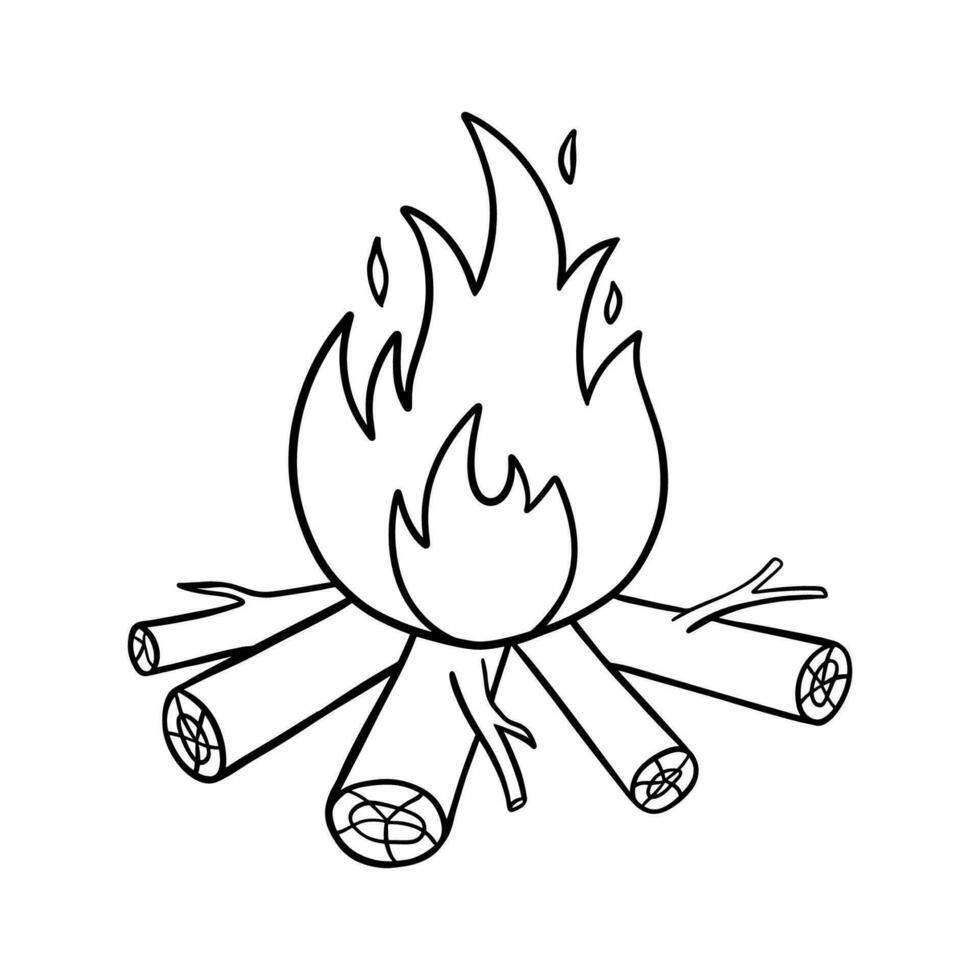 Hand drawn fire and firewood black and white icon. Camping vector sketch