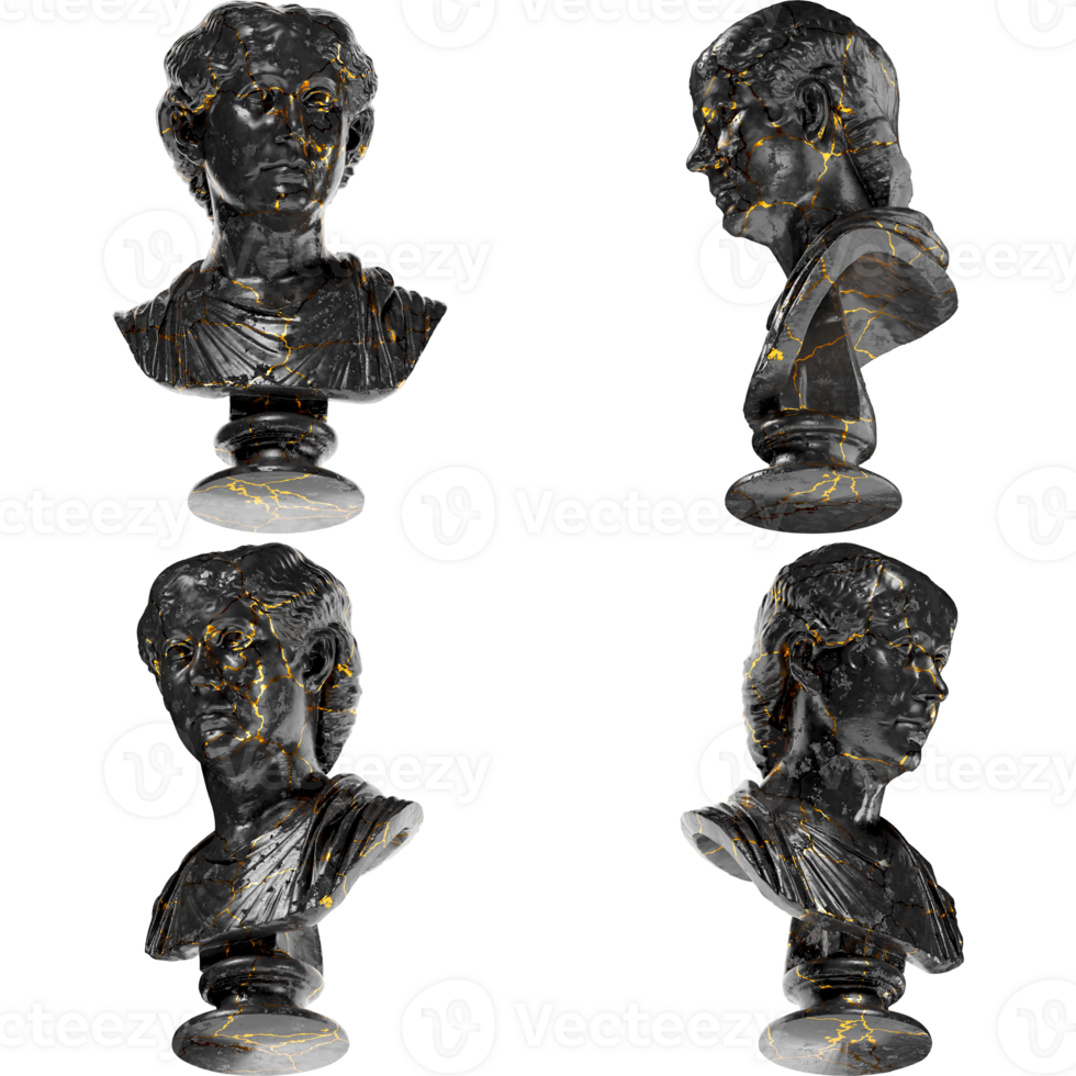 Roman Lady Digital Portrait Bust in Black Marble and Gold Graphic Design Asset png
