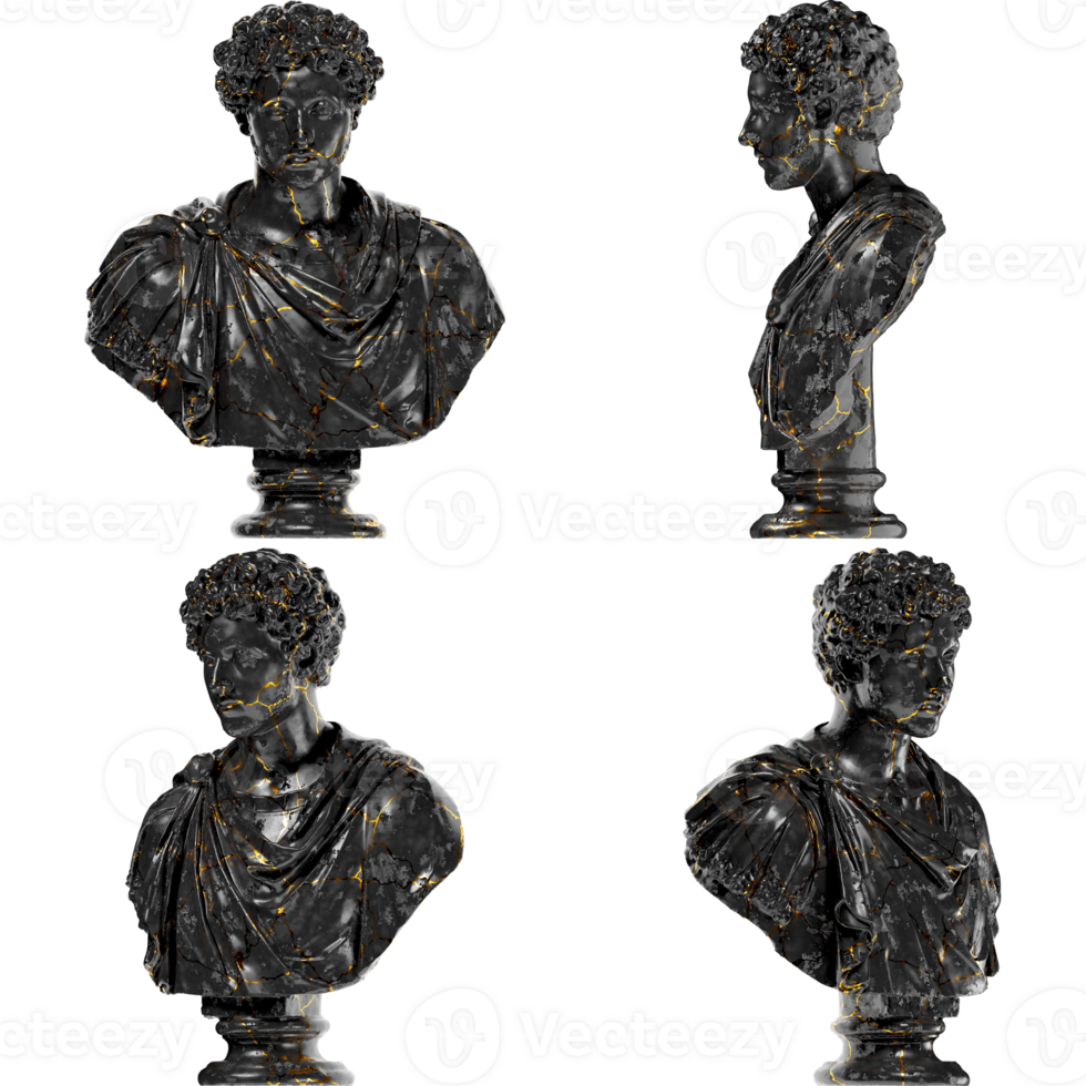 Young Marcus Aurelius Digital Portrait in Black Marble and Gold 3D Render Asset png