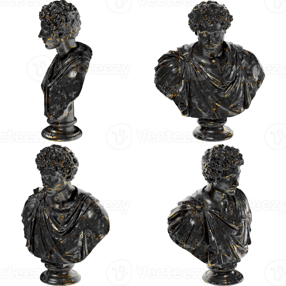 Young Marcus Aurelius Digital Portrait in Black Marble and Gold 3D Render Asset png