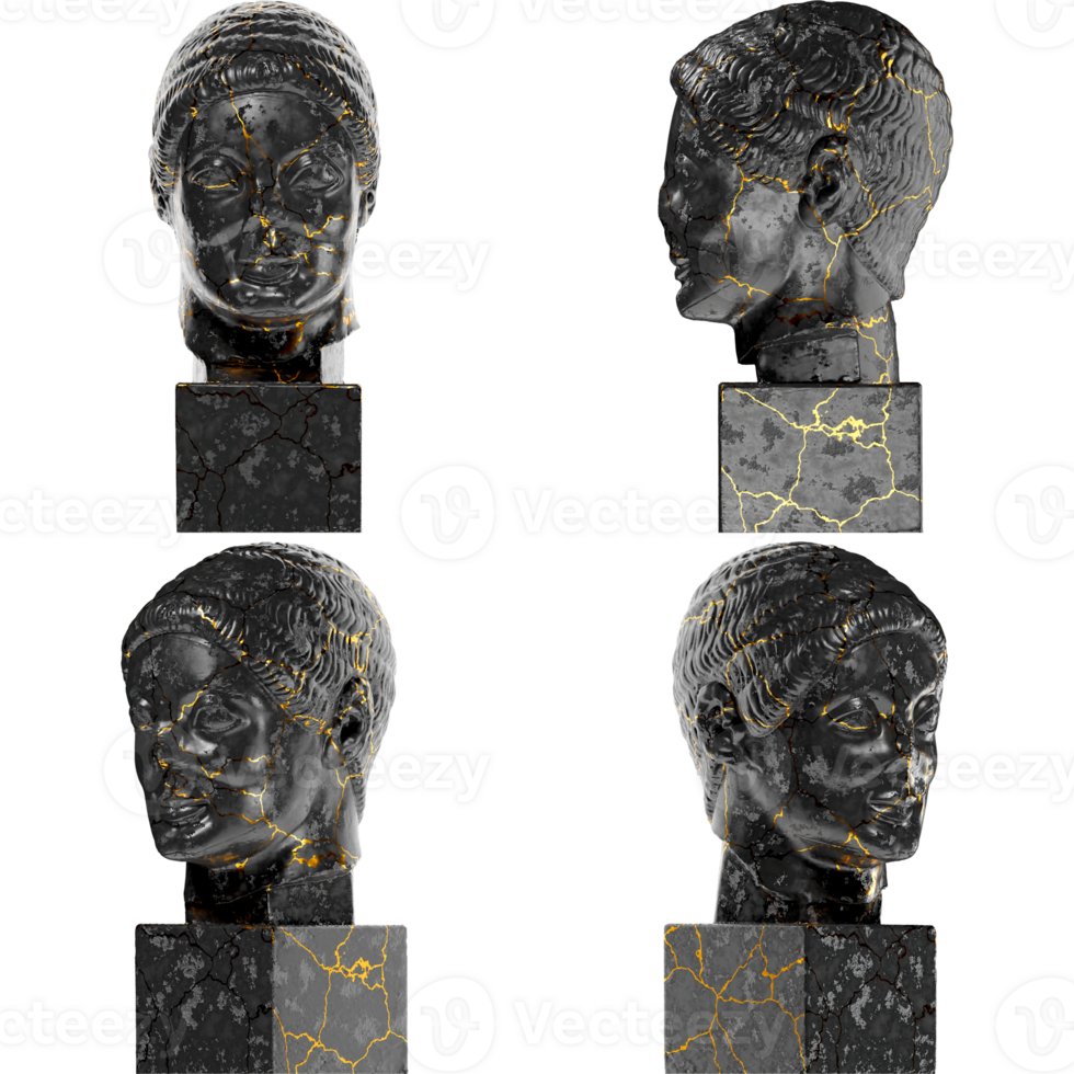 el rayo cabeza griego mitológico 3d digital busto en negro mármol y oro png