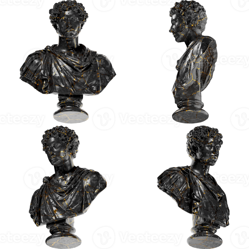 Young Marcus Aurelius Digital Portrait in Black Marble and Gold 3D Render Asset png