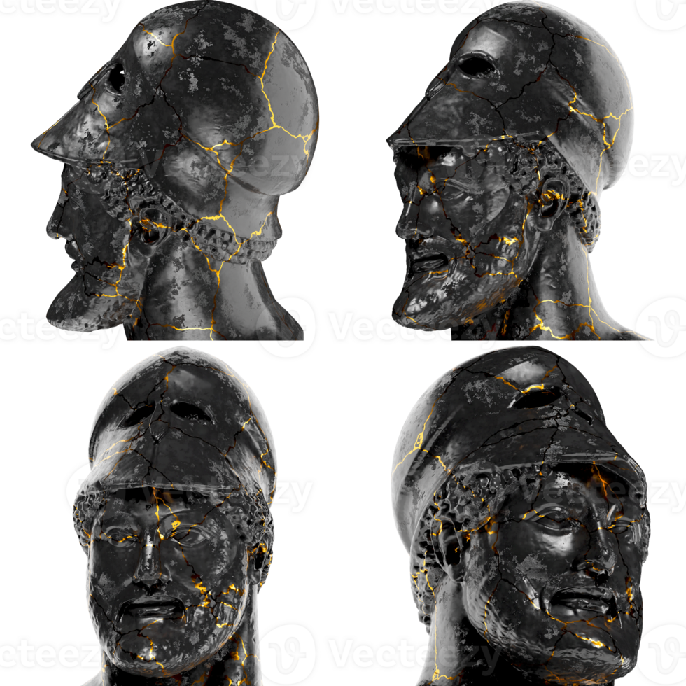 guerriero con casco miliziani antico greco 3d digitale fallimento statua nel nero marmo e oro png