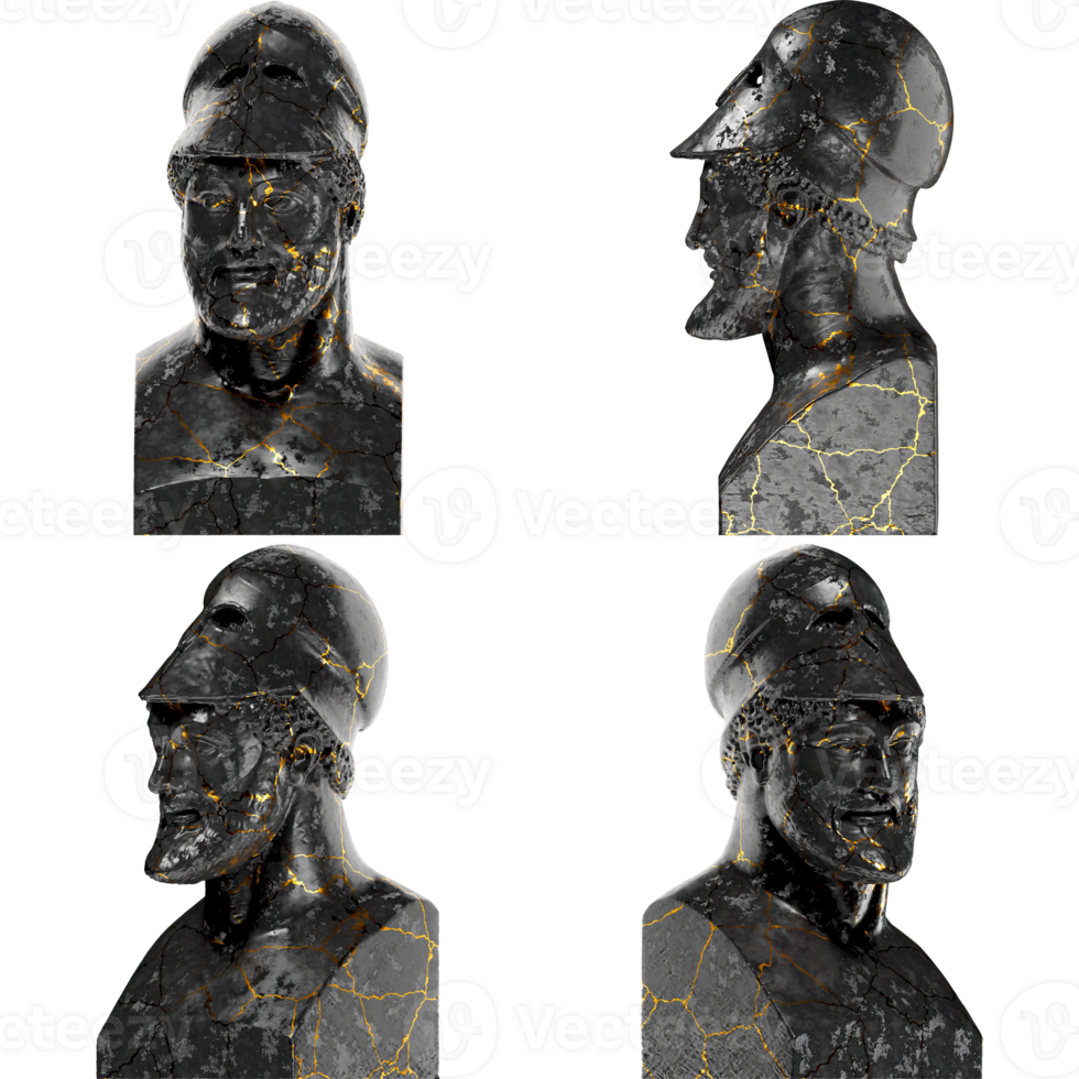 Guerreiro com capacete milícias antigo grego 3d digital fracasso estátua dentro Preto mármore e ouro png