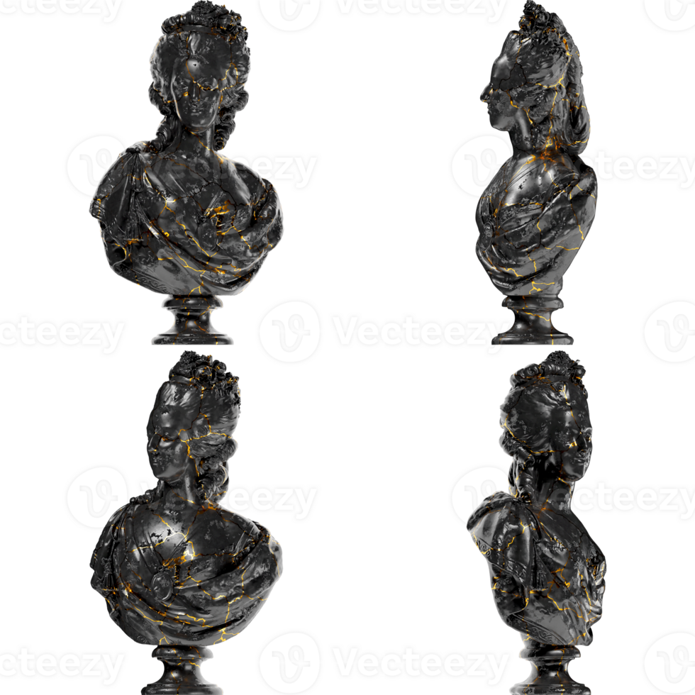 Portrait of Marie Antoinette Renaissance 3D Digital Bust Statue in Black Marble and Gold png