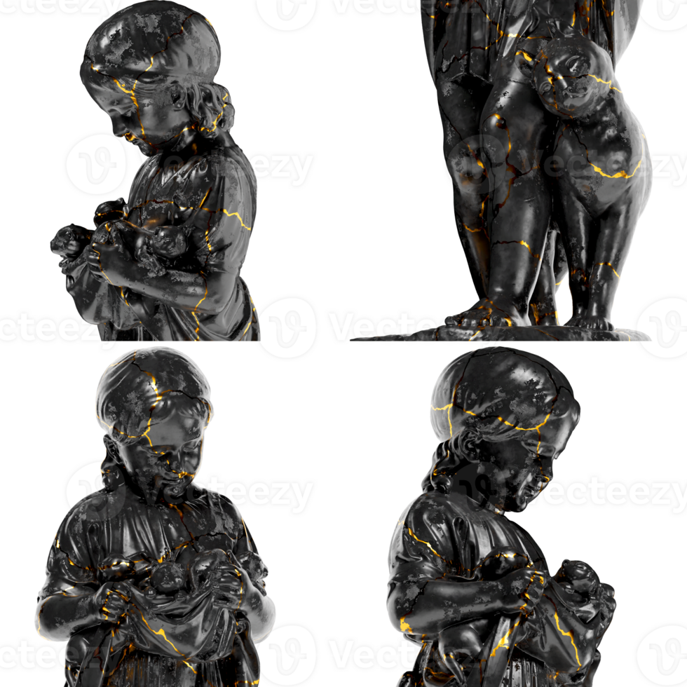 A Little Girl With Kittens Renaissance Portrait Bust in Black Marble and Gold png