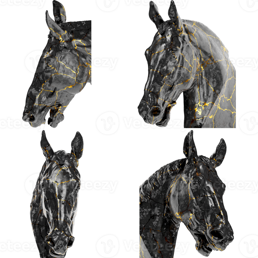 Head of a Horse Study for Equestrian 3D Digital Sculpture in Black Marble and Gold png