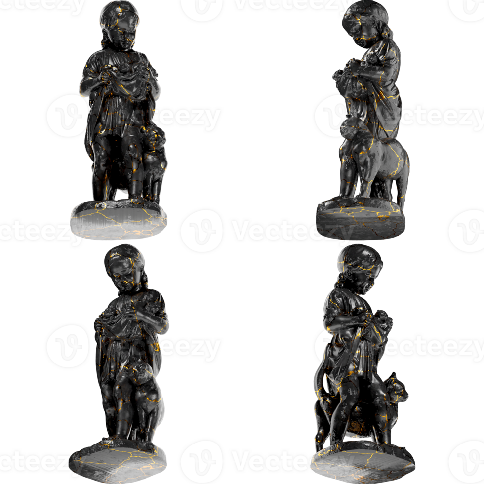 A Little Girl With Kittens Renaissance Portrait Bust in Black Marble and Gold png