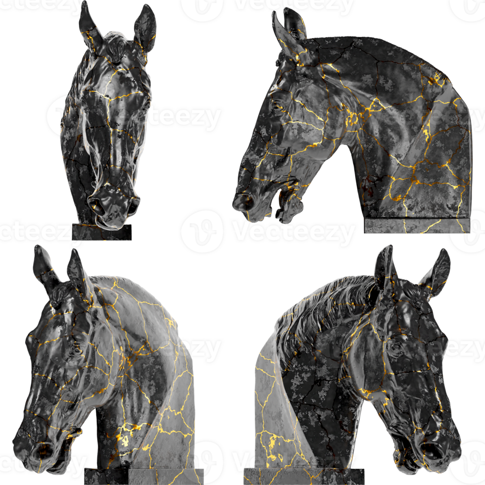 Head of a Horse Study for Equestrian 3D Digital Sculpture in Black Marble and Gold png