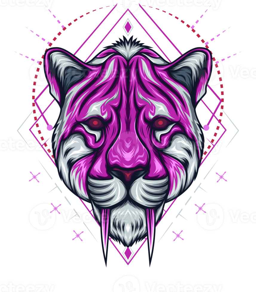 Colorful Smilodon head art looking forward png