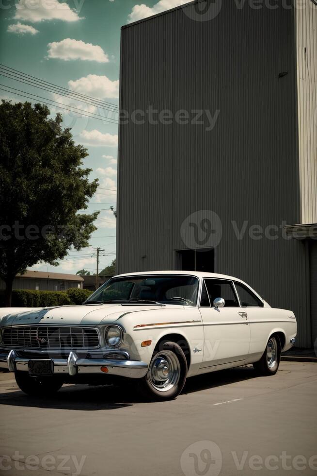 A White Car Parked In Front Of A Building. AI Generated photo