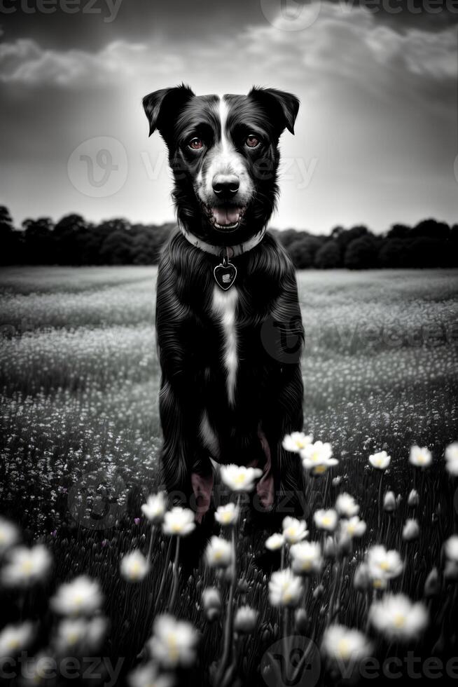 A Black And White Dog Sitting In A Field Of Flowers. photo