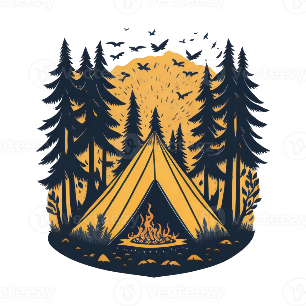 Camping in Forest at night with stars and fireflies, illustration png