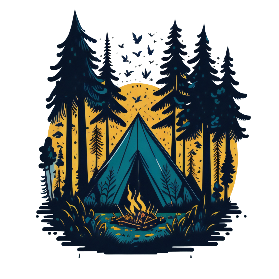 Illustration of camp tent and bonfire at starry night png