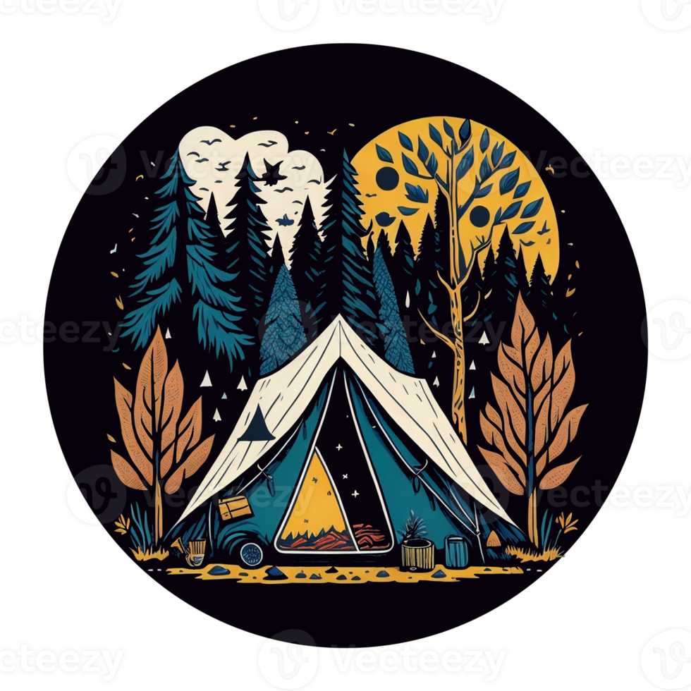 Camping in Forest at night with stars and fireflies, illustration png