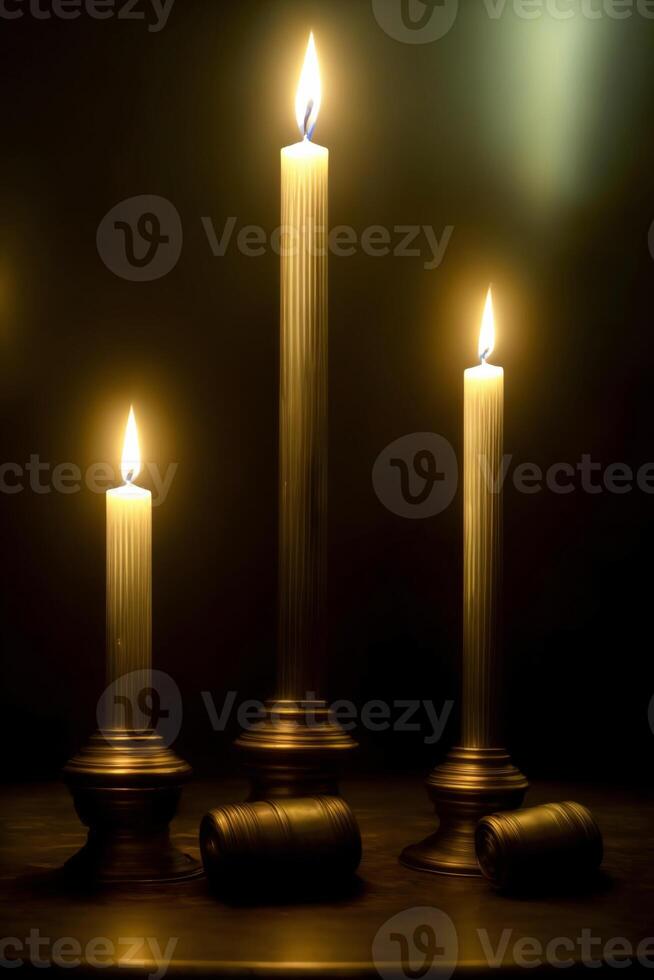 un grupo de iluminado velas sentado en parte superior de un mesa. ai generado foto