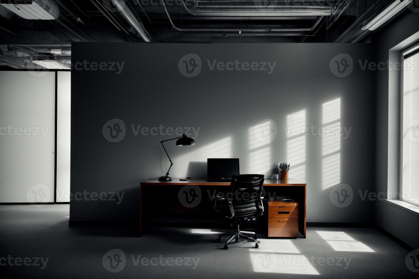 A Black And White Photo Of A Desk In An Office. AI Generated