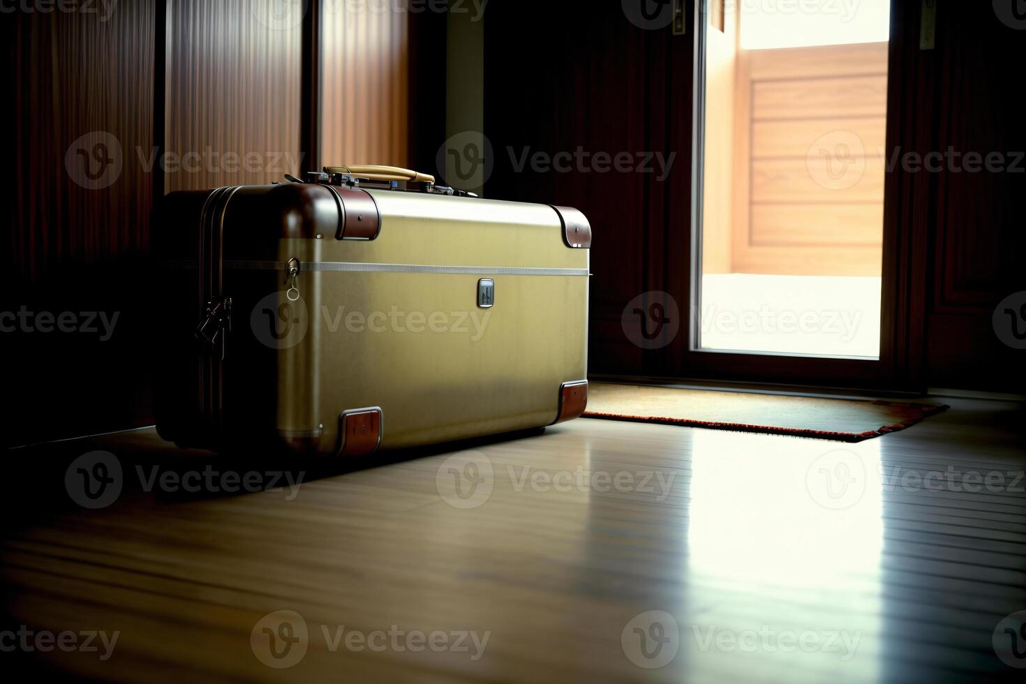 A Suit Case Sitting On Top Of A Hard Wood Floor. photo
