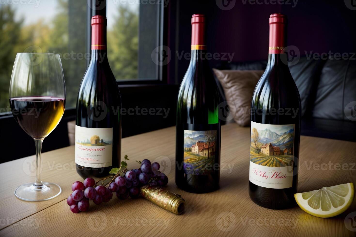 Three Bottles Of Wine And Two Glasses Of Wine On A Table. photo