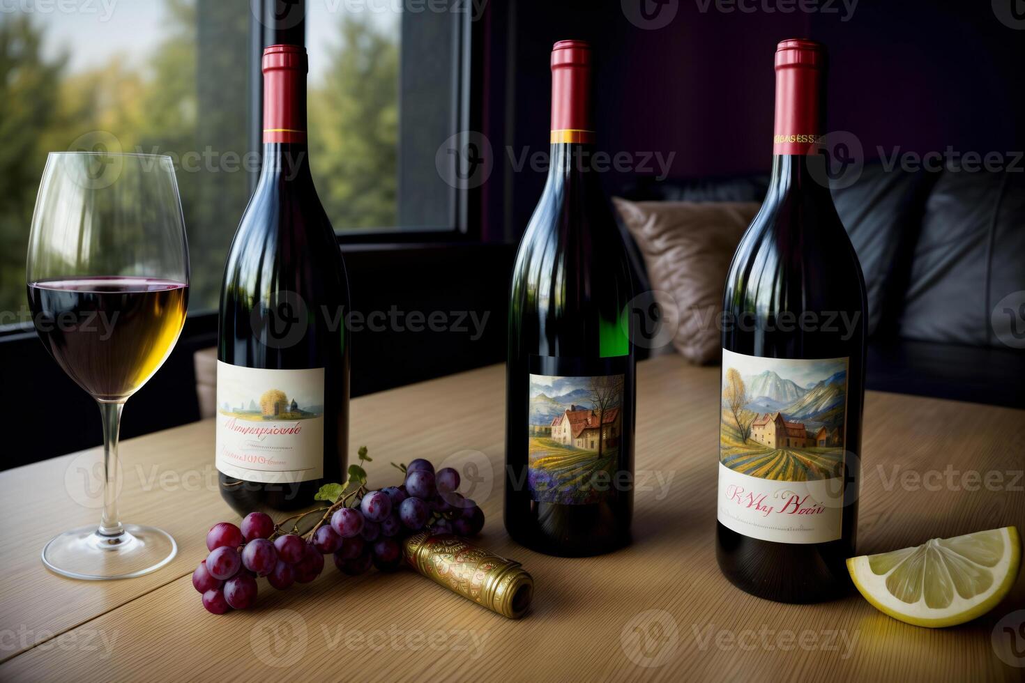 Three Bottles Of Wine And Two Glasses Of Wine On A Table. AI Generated photo