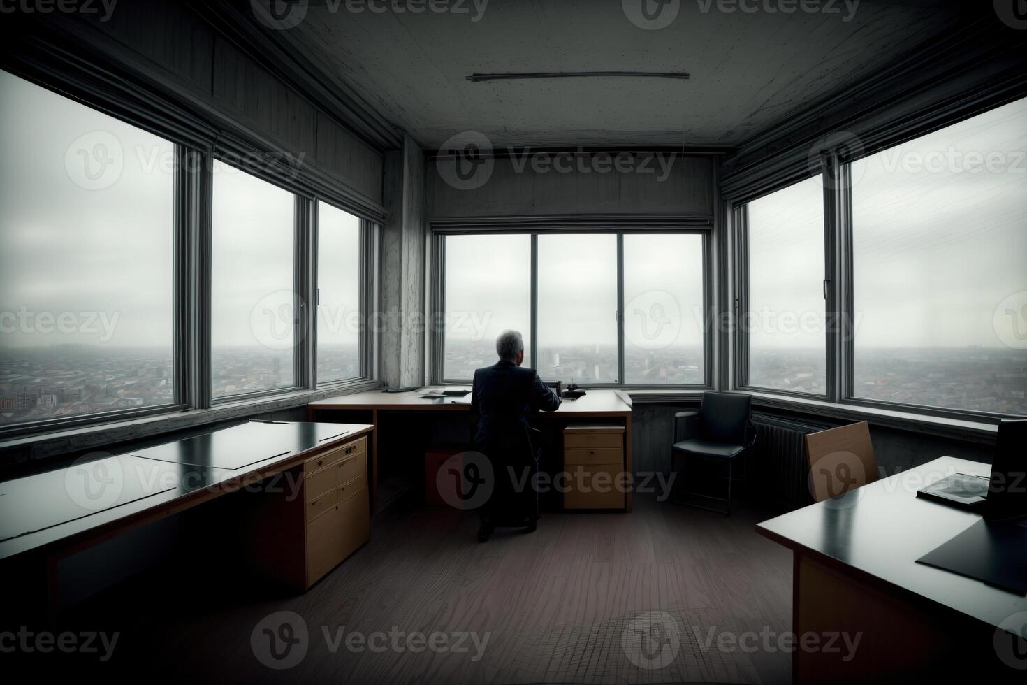 un persona sentado a un escritorio mirando fuera un ventana. ai generado foto