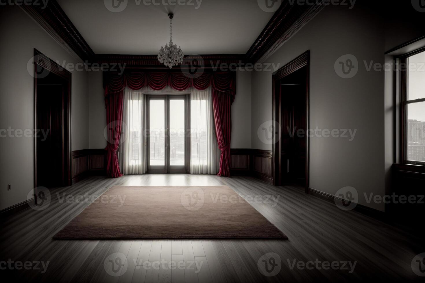An Empty Room With A Chandelier Hanging From The Ceiling. photo