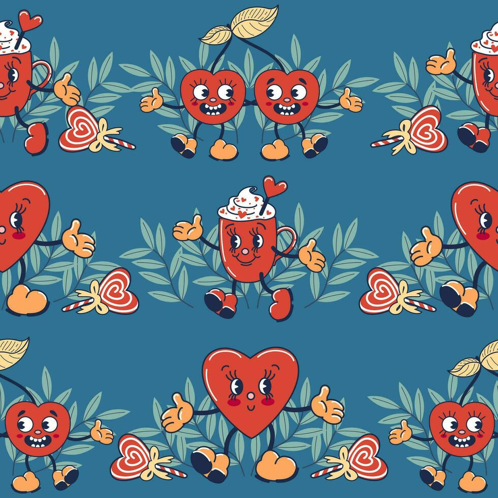 Heart, cup of coffee, cherries. Cuphead, lollipops, plant motif. Seamless pattern, characters in vintage old disney style. For valentines day, wallpaper, fabric, wrapping, background vector