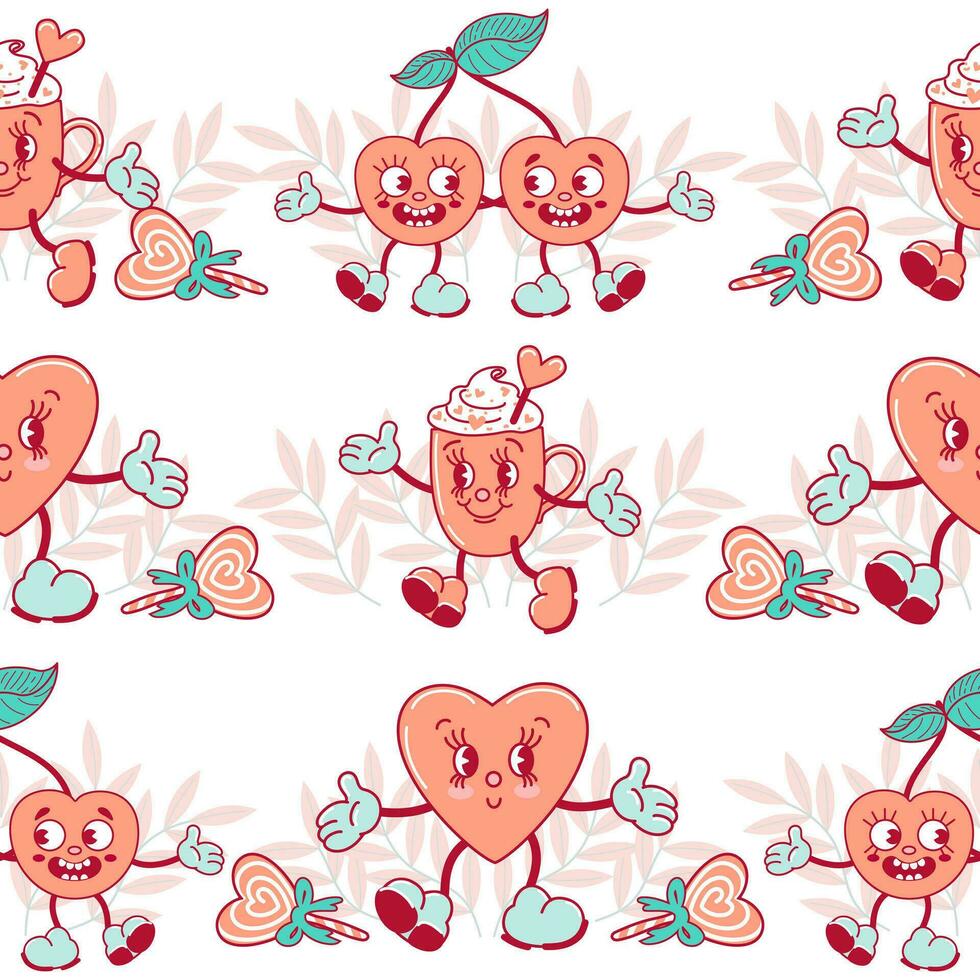 Heart, cup of hot chocolate with cream, cherries. Cuphead. Seamless pattern, characters in vintage old disney style. For valentines day, wallpaper, printing on fabric, wrapping, background. vector