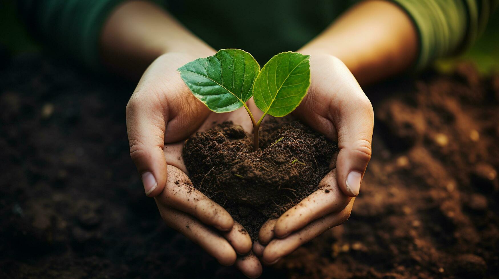 Hand tenderly holding a heart shaped patch of soil, Ai Generative photo