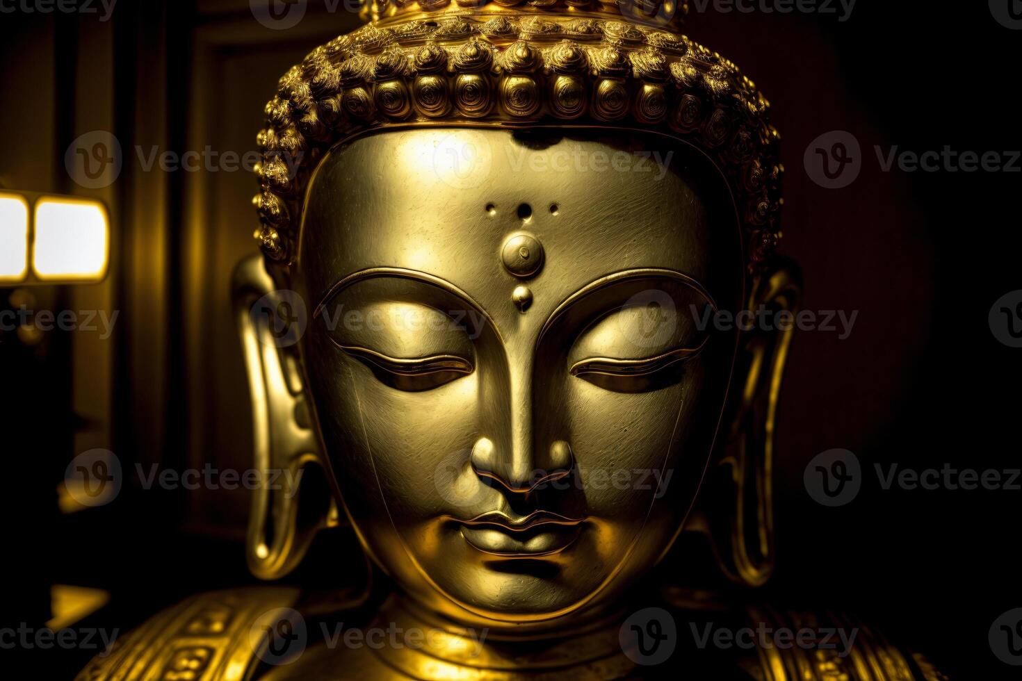 A Golden Buddha Statue In A Dark Room. photo