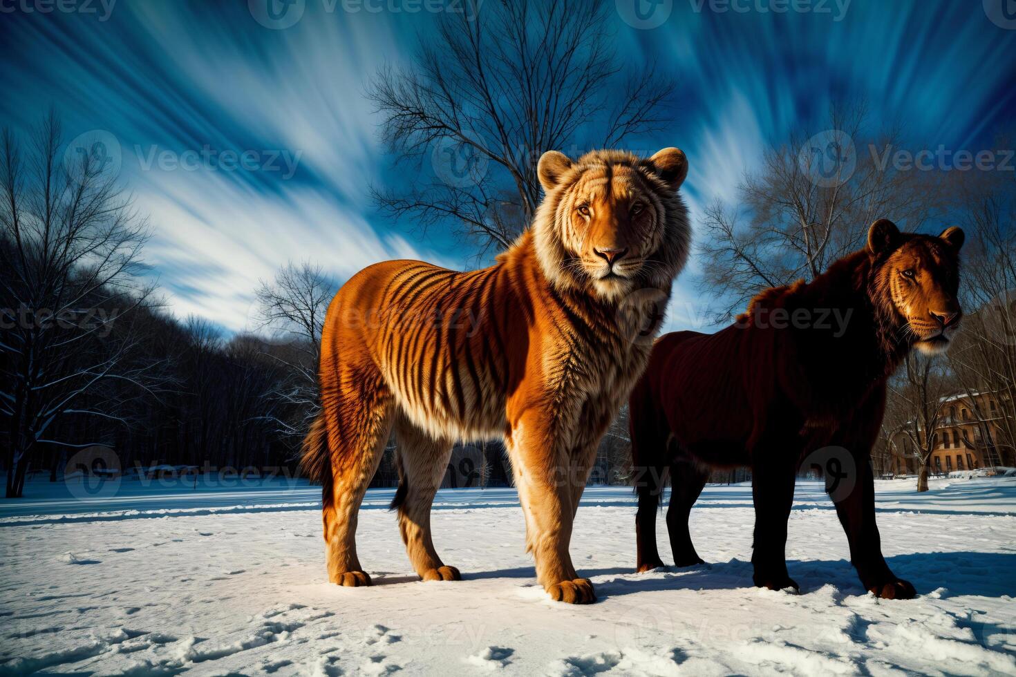 A Couple Of Animals That Are Standing In The Snow. photo