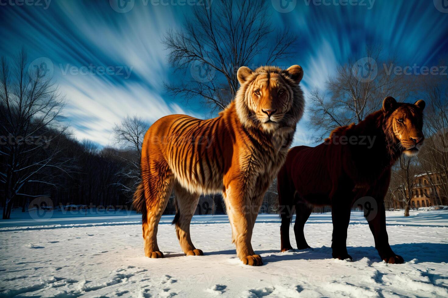 A Couple Of Animals That Are Standing In The Snow. AI Generated photo