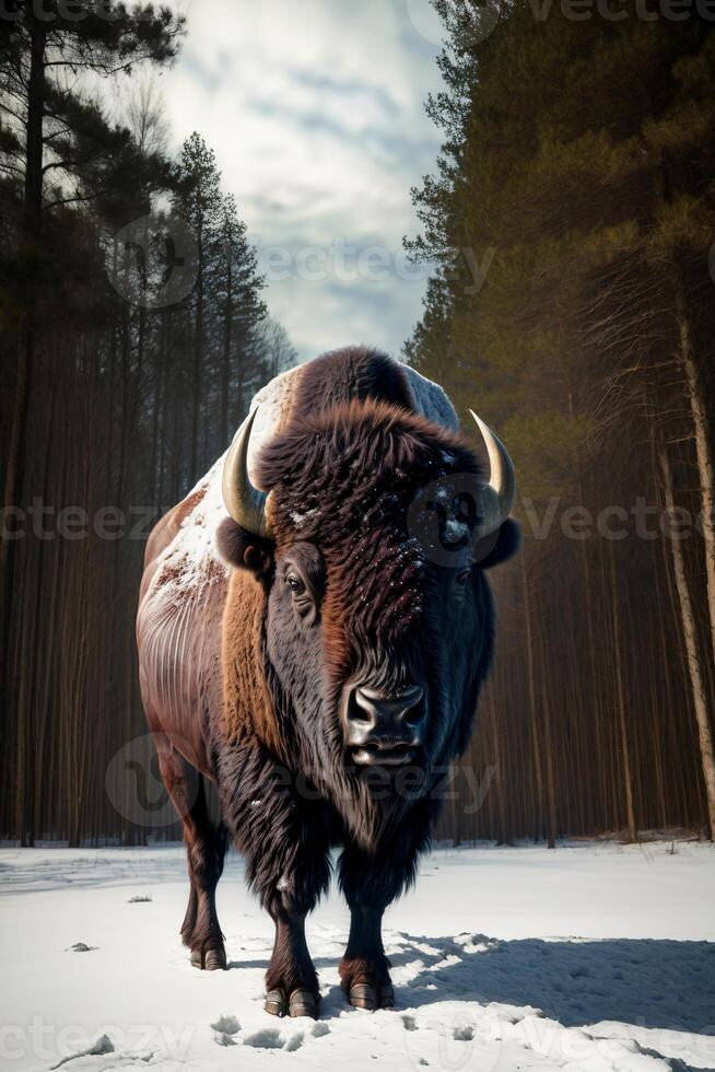 A Bison Standing In The Snow In Front Of Some Trees. AI Generated photo