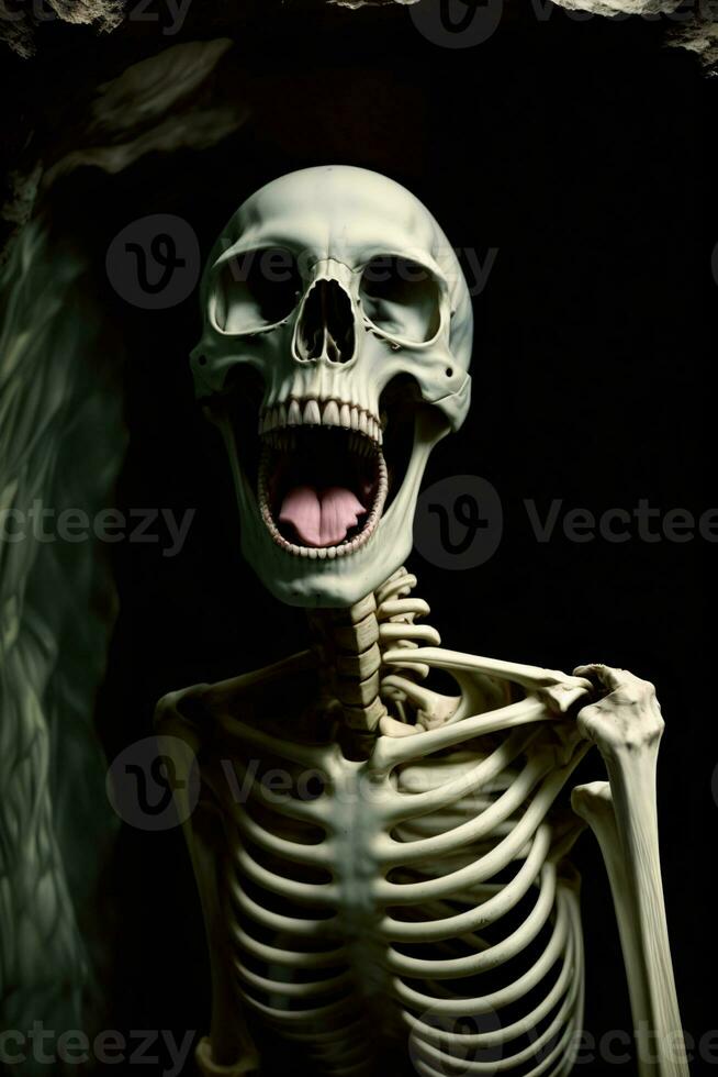 A Skeleton With Its Mouth Open In A Cave. AI Generated photo