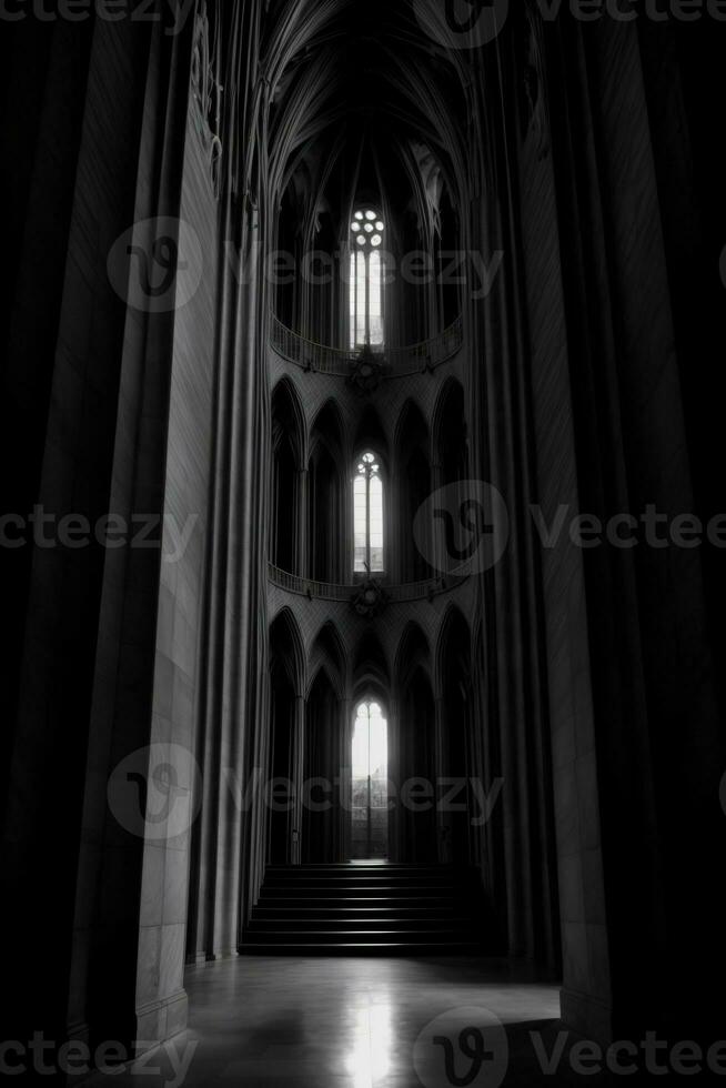 un negro y blanco foto de un catedral. ai generado