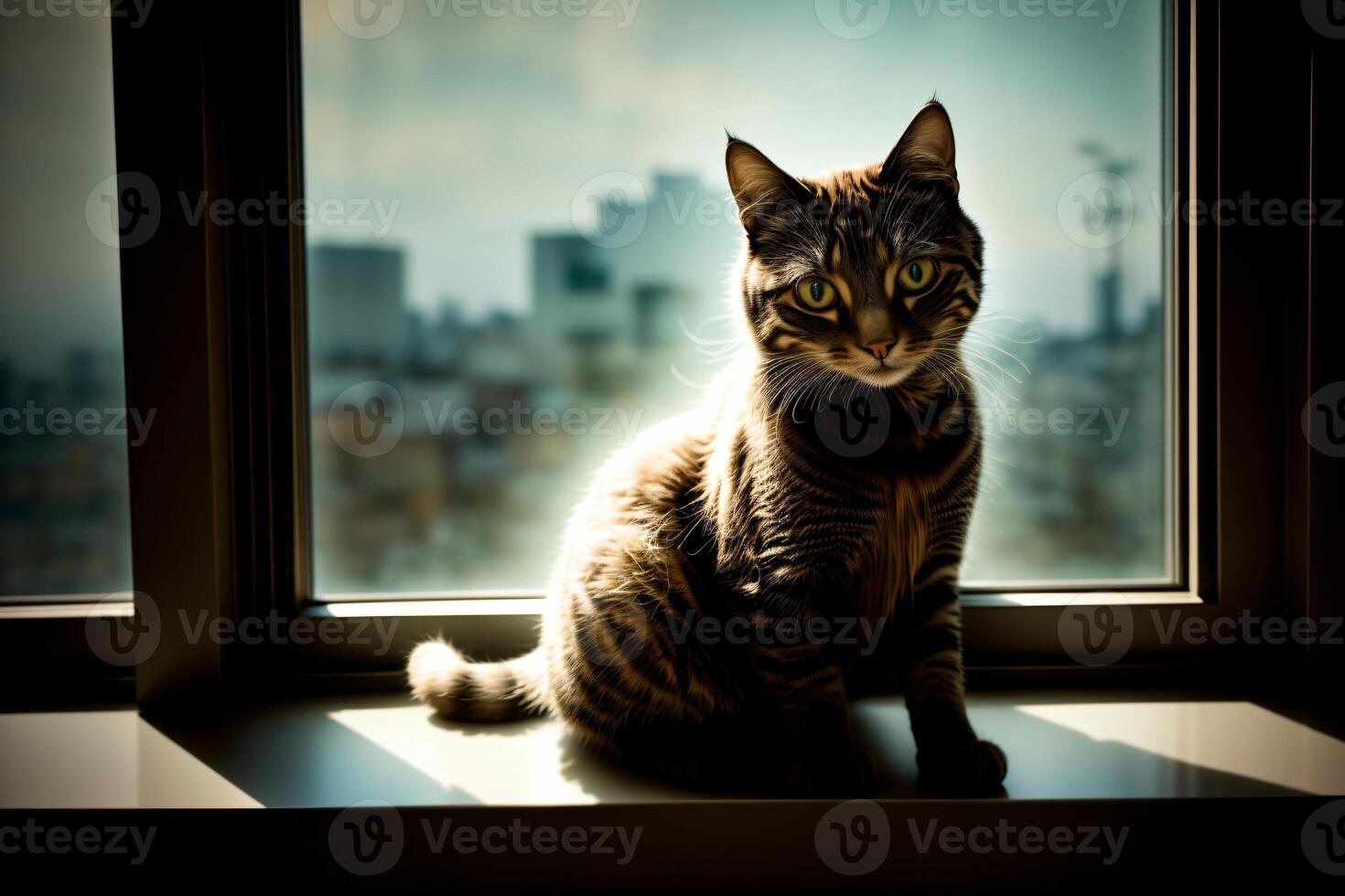 A Cat Sitting On Top Of A Window Sill. photo