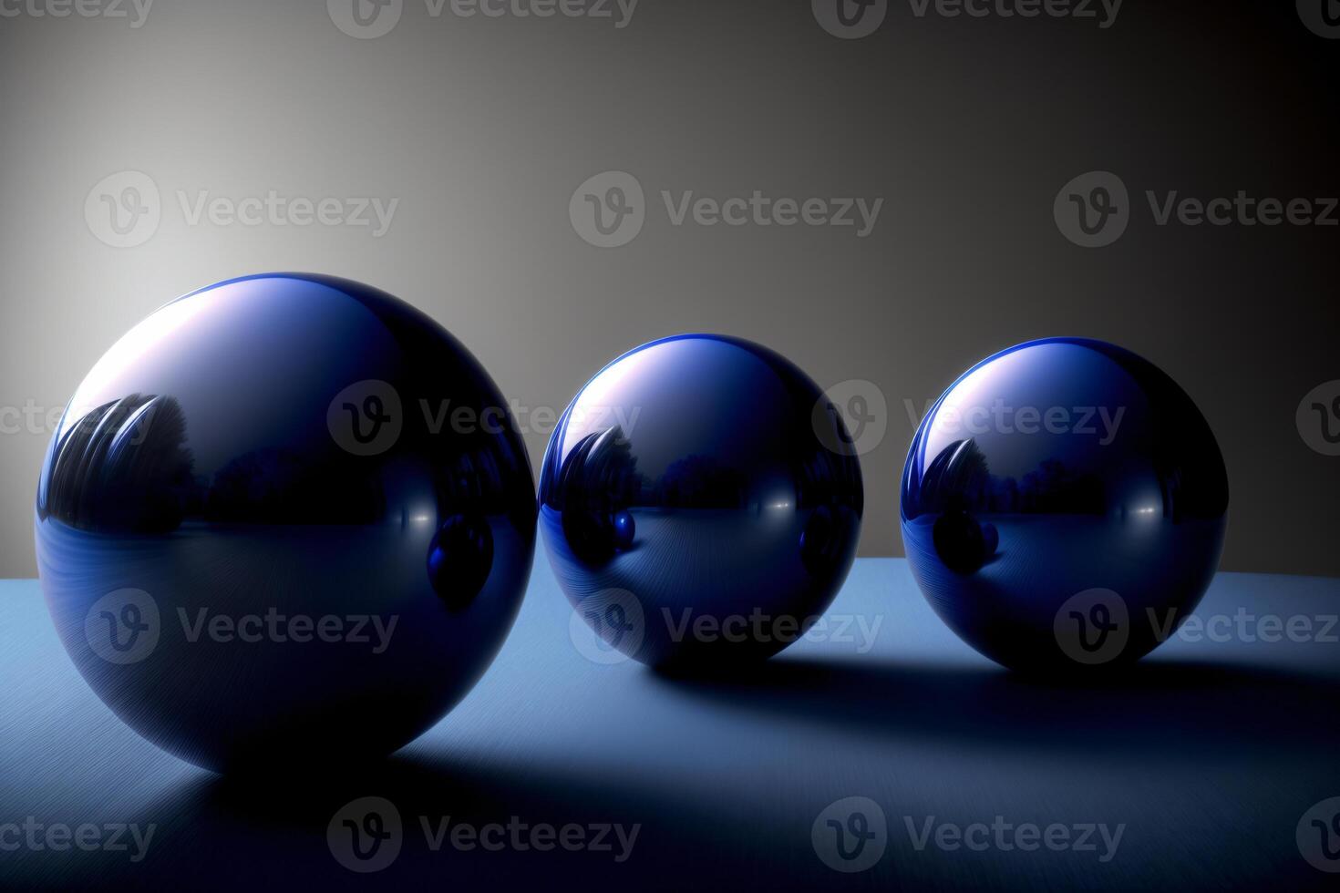 Three Shiny Blue Balls On A Blue Surface. AI Generated photo