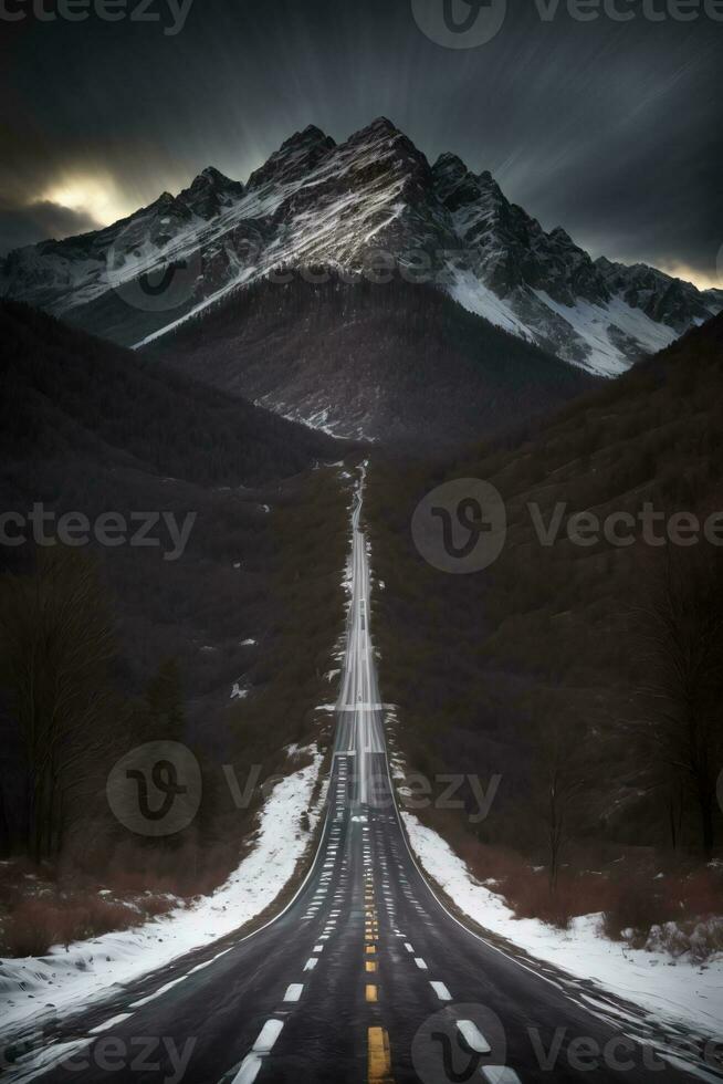 A Black And White Photo Of A Road With A Mountain In The Background. AI Generated